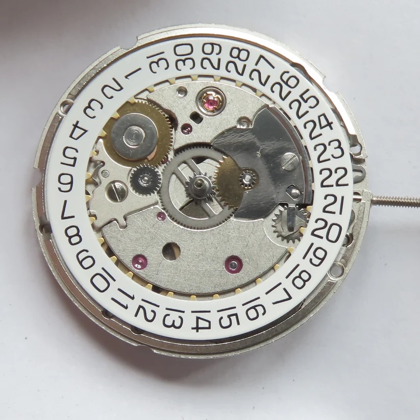 The dial side of an ETA 2824-2 mechanical watch movement.