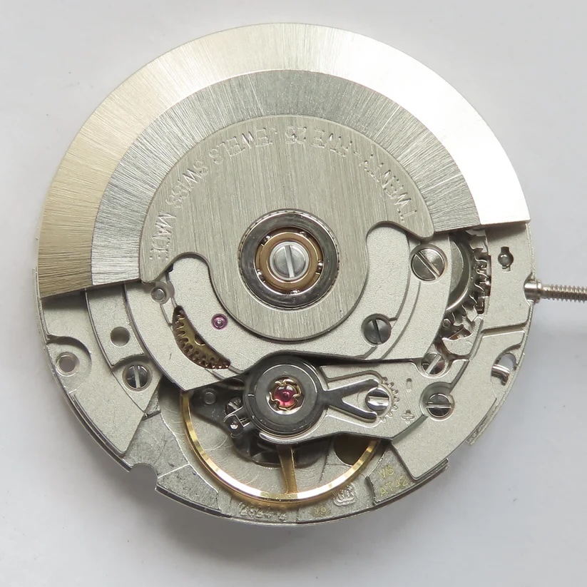 The watchmaker's side of an ETA 2824-2 mechanical watch movement.