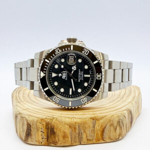Waterman 41MM Black Dial Black Bezel Sports Watch sits on a piece of wood