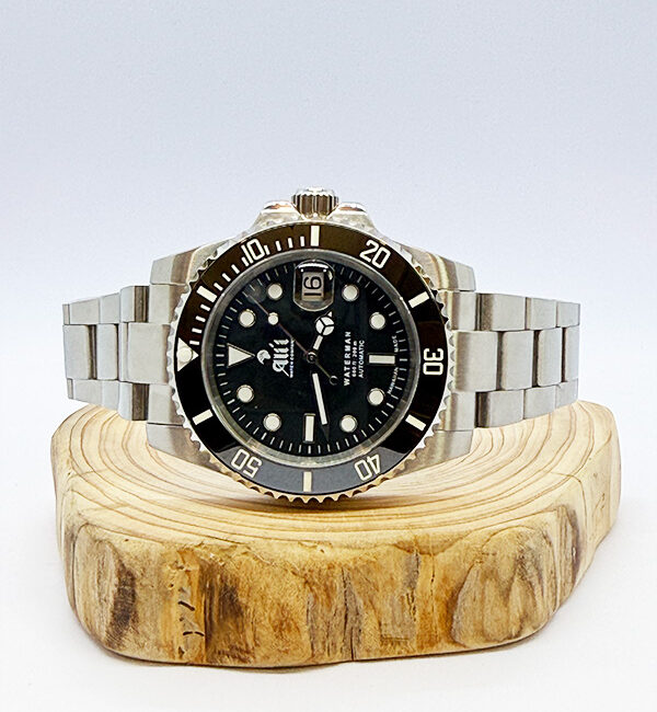 Waterman 41MM Black Dial Black Bezel Sports Watch sits on a piece of wood
