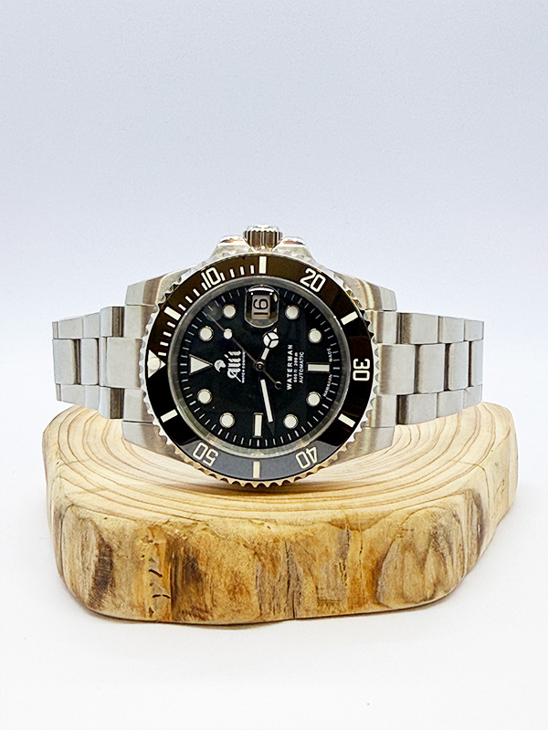 Waterman 41MM Black Dial Black Bezel Sports Watch sits on a piece of wood