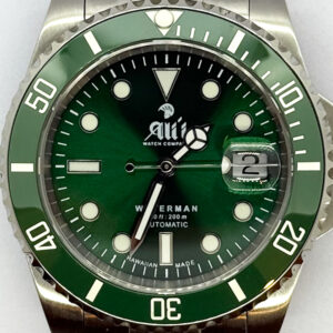 Close up image of the dial of a Waterman 41MM Green Dial Green Bezel Sports Watch