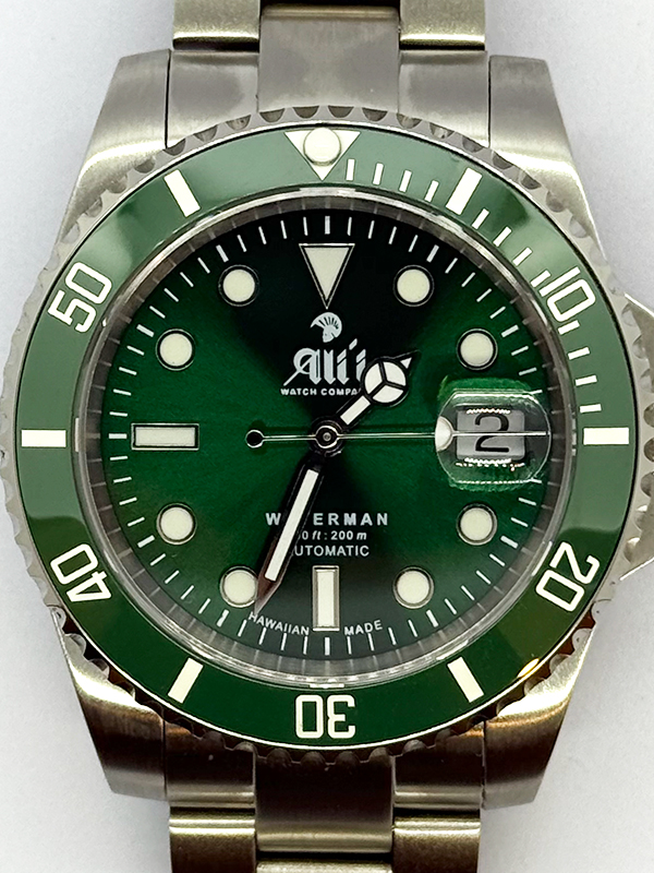 Close up image of the dial of a Waterman 41MM Green Dial Green Bezel Sports Watch