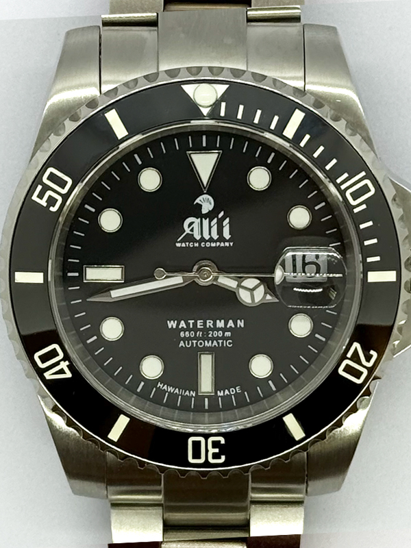 A detailed image of the dial on a Waterman 41MM Black Dial Black Bezel Sports Watch.