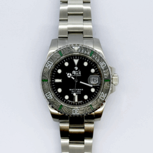 Front view of the Ali'i Watch Company Waterman watch with black dial and black carbon fiber bezel with green minute markers.
