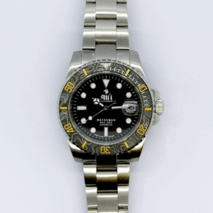 Front view of the Ali'i Watch Company Waterman watch with black dial and black carbon fiber bezel with yellow minute markers.