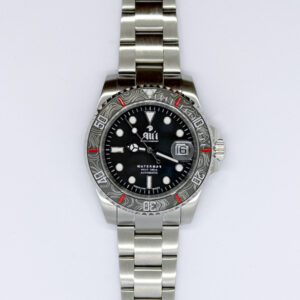 Front view of the Ali'i Watch Company Waterman watch with black dial and black carbon fiber bezel with red minute markers.